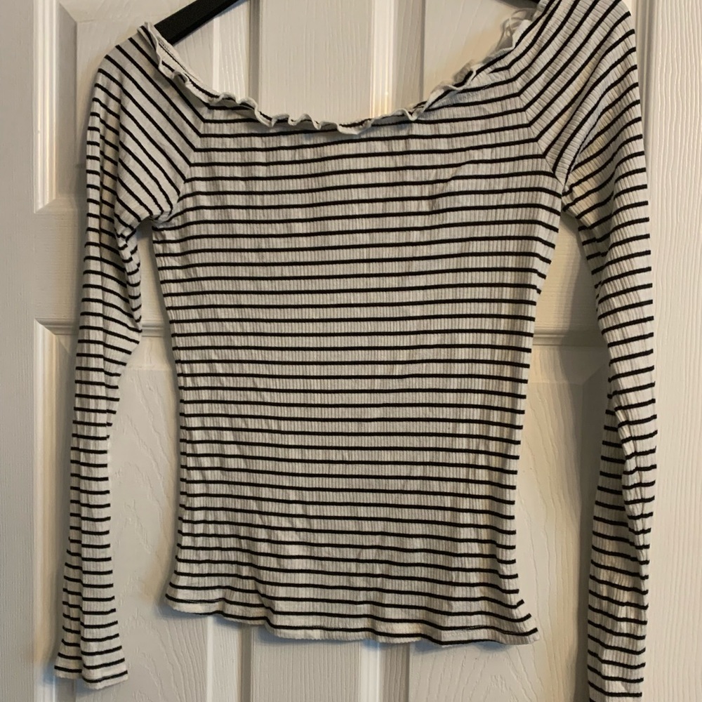 black and white stripe off the shoulder top